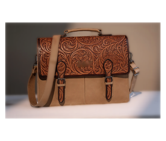 Leather Western Vintage  Fern Tooled Briefcase - Fall Tan