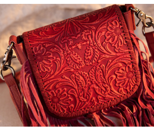 Genuine Leather Tooled Fringe Crossbody - Flaming Red