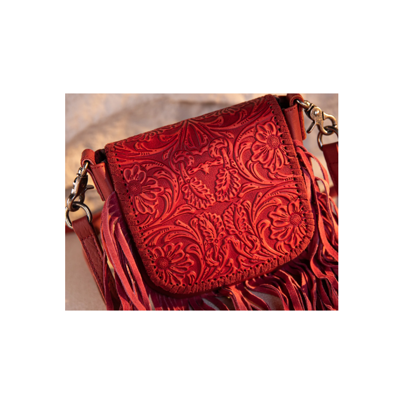 Genuine Leather Tooled Fringe Crossbody - Flaming Red