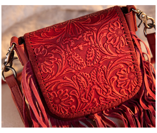 Genuine Leather Tooled Fringe Crossbody - Flaming Red