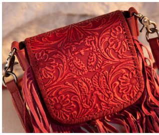 Genuine Leather Tooled Fringe Crossbody - Flaming Red