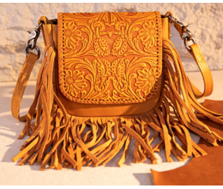 Leather Tooled Fringe Vintage Pattern Crossbody - Leaf Yellow