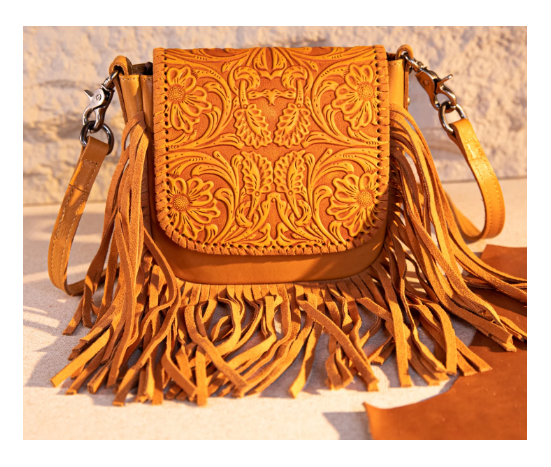 Leather Tooled Fringe Vintage Pattern Crossbody - Leaf Yellow