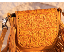 Leather Tooled Fringe Vintage Pattern Crossbody - Leaf Yellow