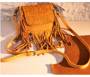 Leather Tooled Fringe Vintage Pattern Crossbody - Leaf Yellow