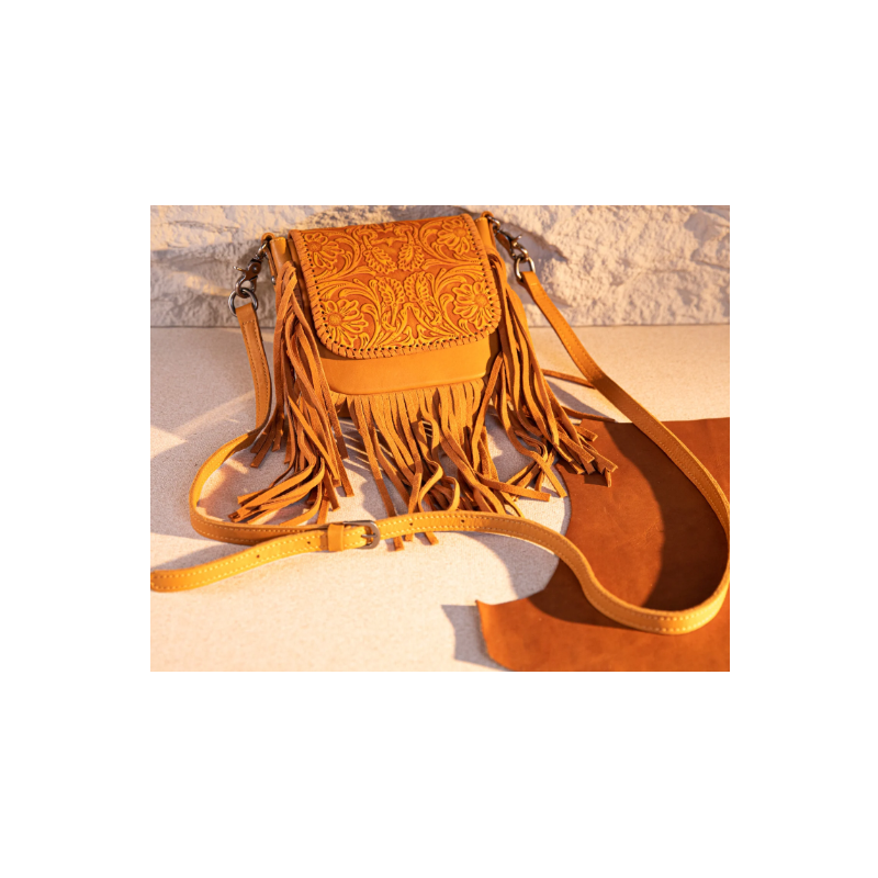 Leather Tooled Fringe Vintage Pattern Crossbody - Leaf Yellow
