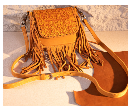 Leather Tooled Fringe Vintage Pattern Crossbody - Leaf Yellow