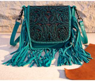 Leather Tooled Fringe Vintage Pattern Crossbody - Deep Blue