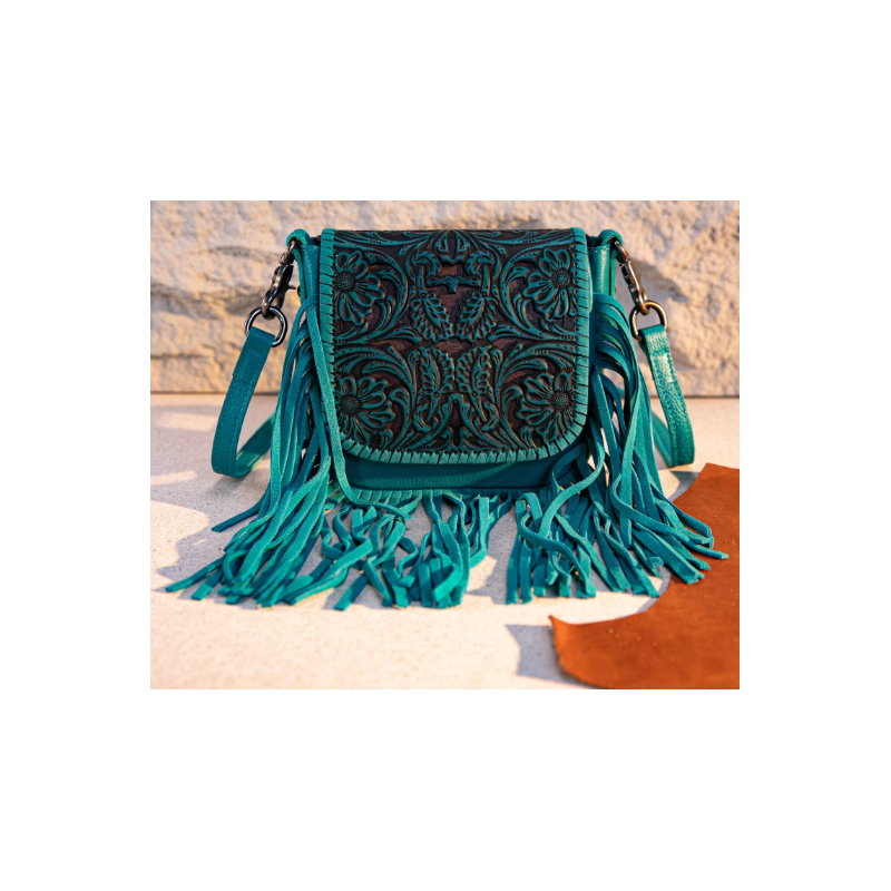 Leather Tooled Fringe Vintage Pattern Crossbody - Deep Blue