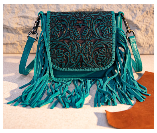 Leather Tooled Fringe Vintage Pattern Crossbody - Deep Blue