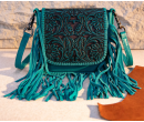 Leather Tooled Fringe Vintage Pattern Crossbody - Deep Blue