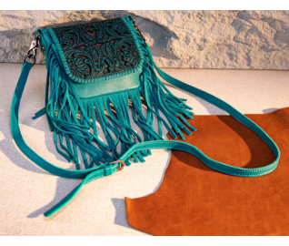 Leather Tooled Fringe Vintage Pattern Crossbody - Deep Blue