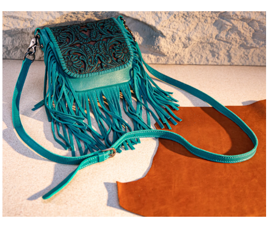 Leather Tooled Fringe Vintage Pattern Crossbody - Deep Blue