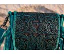 Leather Tooled Fringe Vintage Pattern Crossbody - Deep Blue