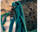Leather Tooled Fringe Vintage Pattern Crossbody - Deep Blue