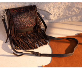Leather Tooled Fringe Vintage Pattern Crossbody - Copper Brown