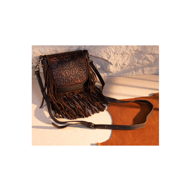 Leather Tooled Fringe Vintage Pattern Crossbody - Copper Brown