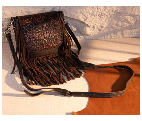 Leather Tooled Fringe Vintage Pattern Crossbody - Copper Brown