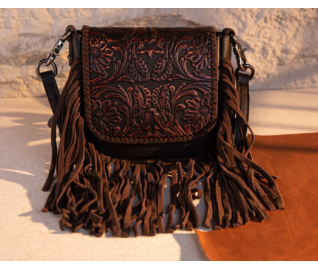Leather Tooled Fringe Vintage Pattern Crossbody - Copper Brown