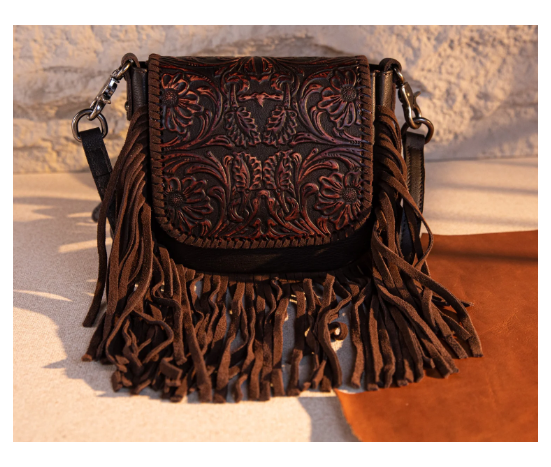 Leather Tooled Fringe Vintage Pattern Crossbody - Copper Brown