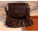 Leather Tooled Fringe Vintage Pattern Crossbody - Copper Brown