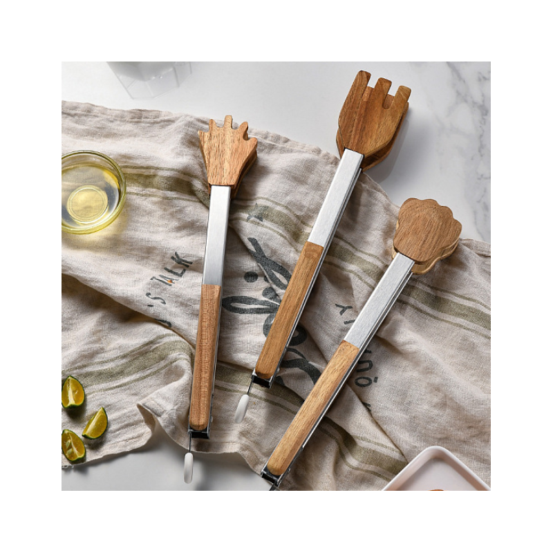 Paw Print/Palm/Fork Shape Wood Cooking Tongs, with Stainless Steel Handle, Grilling Barbeque Cooking Locking Food Tongs