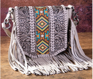 Leather Tooled Collection Fringe Mixed Crossbody- White