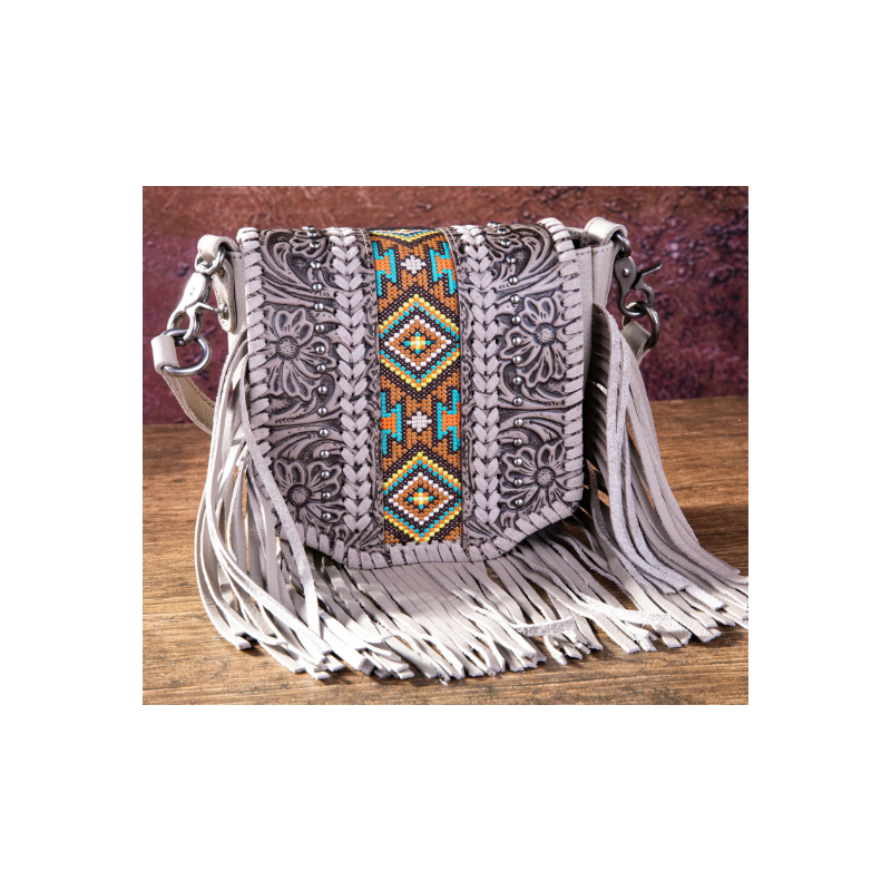 Leather Tooled Collection Fringe Mixed Crossbody- White