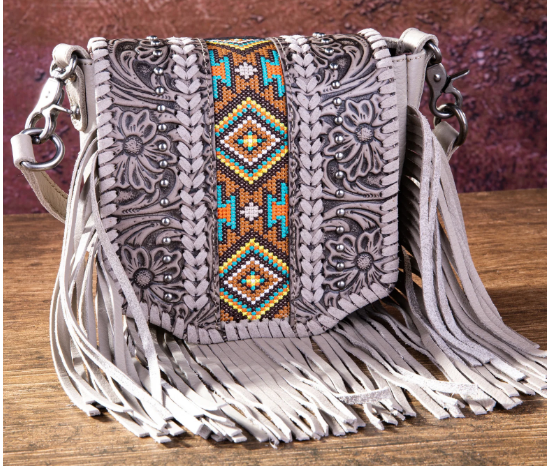 Leather Tooled Collection Fringe Mixed Crossbody- White