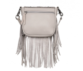 Leather Tooled Collection Fringe Mixed Crossbody- White