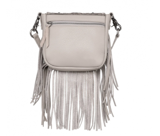 Leather Tooled Collection Fringe Mixed Crossbody- White