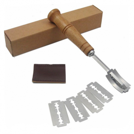 Stainless Steel Lame Bread Tool for Bakers, Handcrafted Bread Scoring Knife, with 5 Replaceable Blades & Wood Handle