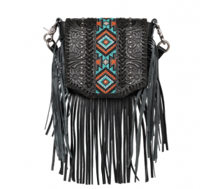 Leather Tooled Collection Fringe Mixed Crossbody- Black
