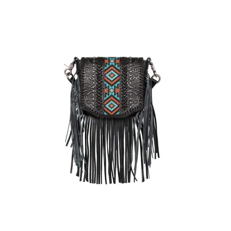 Leather Tooled Collection Fringe Mixed Crossbody- Black