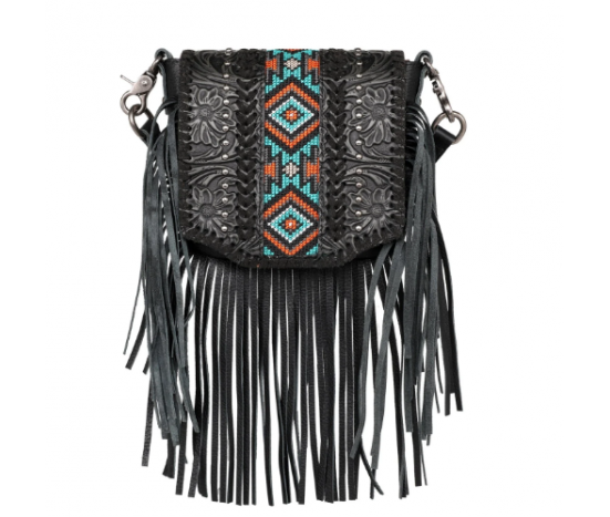 Leather Tooled Collection Fringe Mixed Crossbody- Black