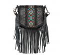 Leather Tooled Collection Fringe Mixed Crossbody- Black