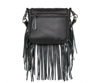 Leather Tooled Collection Fringe Mixed Crossbody- Black