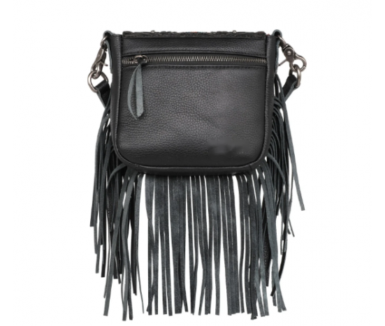 Leather Tooled Collection Fringe Mixed Crossbody- Black