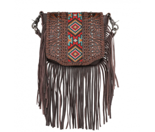 Leather Tooled Collection Fringe Mixed Crossbody- Coffee