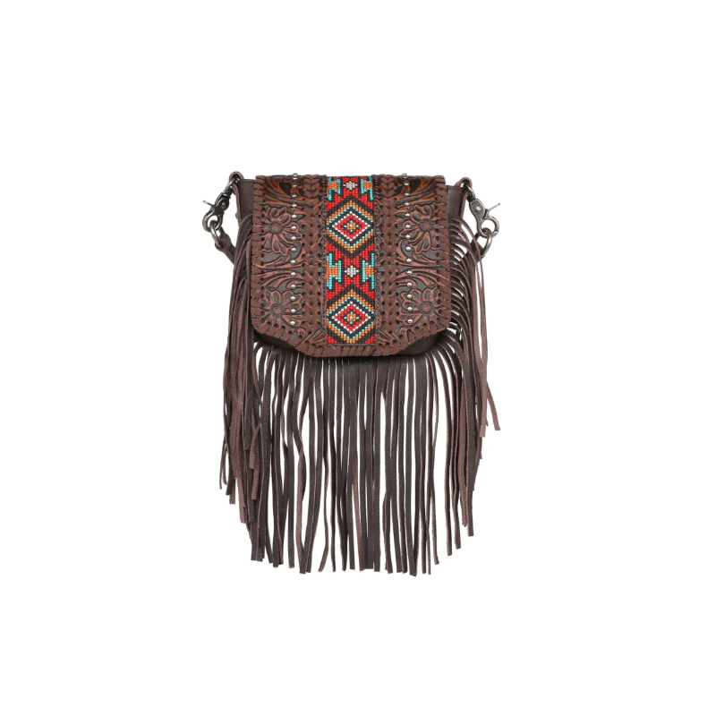 Leather Tooled Collection Fringe Mixed Crossbody- Coffee