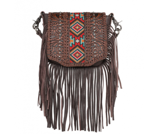 Leather Tooled Collection Fringe Mixed Crossbody- Coffee