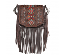Leather Tooled Collection Fringe Mixed Crossbody- Coffee