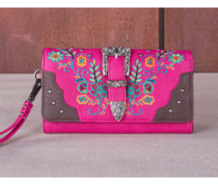 Embroidered Booming Buckle Collection Wallet - Floral Pink