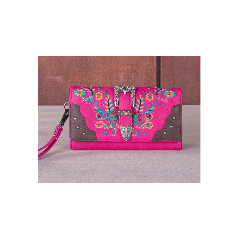Embroidered Booming Buckle Collection Wallet - Floral Pink
