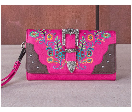 Embroidered Booming Buckle Collection Wallet - Floral Pink