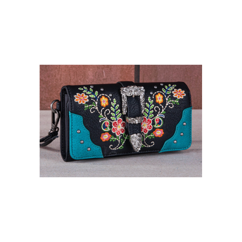 Embroidered Booming Buckle Collection Wallet - Turquoise Blue