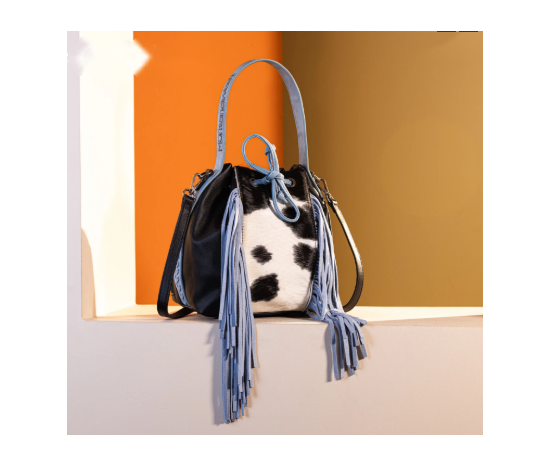 Cowhide Drawstring Hobo - Blue