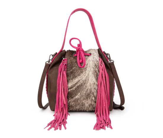 Cowhide Drawstring Hobo - Pink