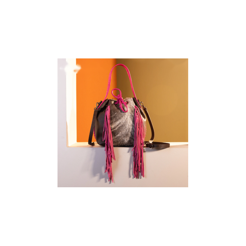 Cowhide Drawstring Hobo - Pink