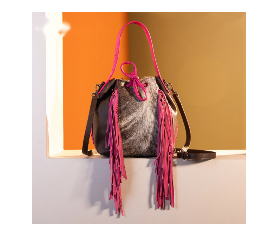 Cowhide Drawstring Hobo - Pink